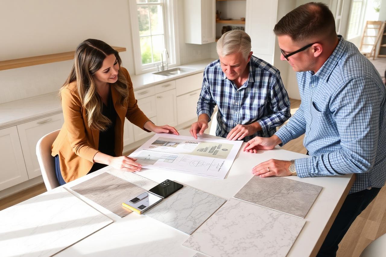 Design-build planning meeting with 3D renderings and tile samples for a Laveen home remodeling project
