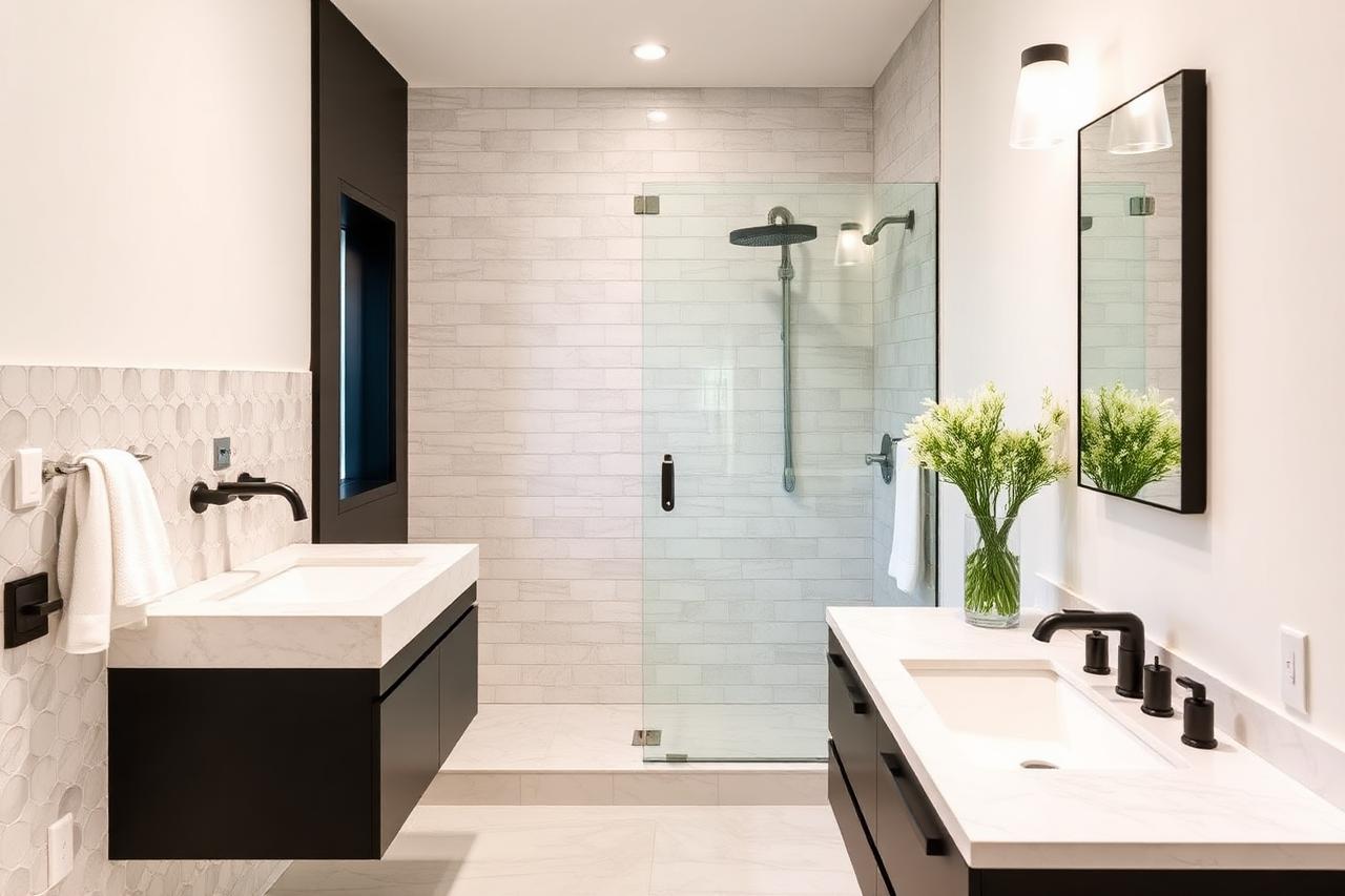 Laveen bathroom remodel with tiled walk-in shower, floating vanity, and matte black fixtures