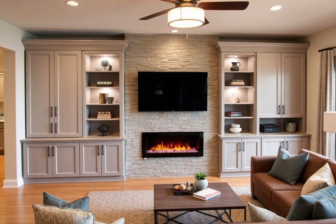 Laveen interior remodel featuring a custom entertainment wall with electric fireplace and stacked stone